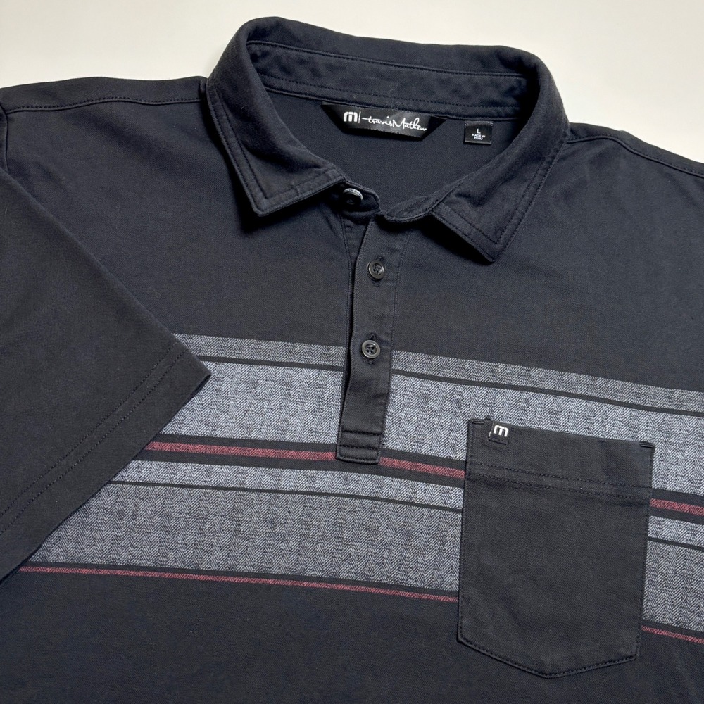 Travis Mathew Golf Polo Black Big Striped Shirt Mens L‎ Pima Cotton Blend Pocket